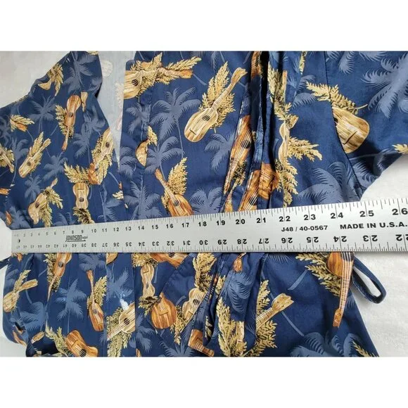 Vintage Kilohana Clothing Co. Hawaiian Kimono Robe Navy Palm & Ukulele Print M/L